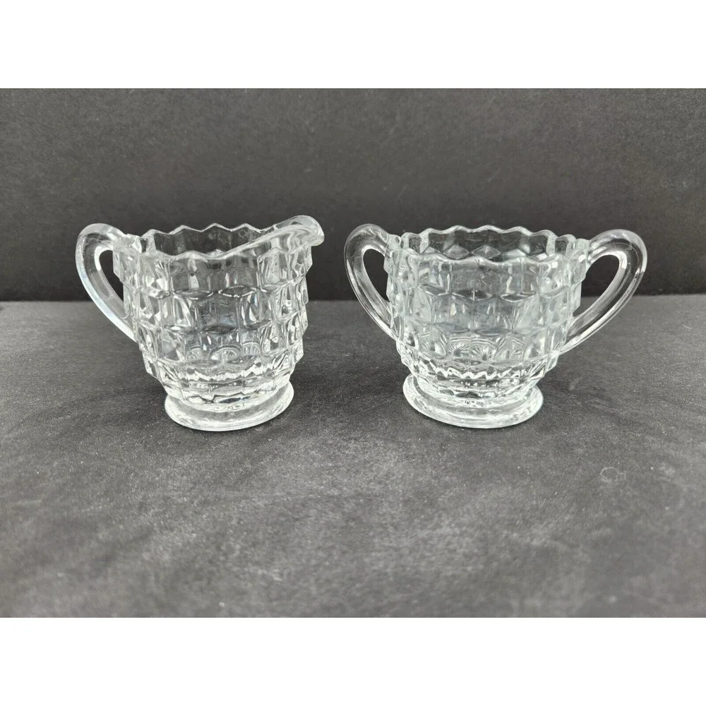 Vintage Fostoria American Glass Cubist Tea Cream and Sugar‎ Set Rare small size